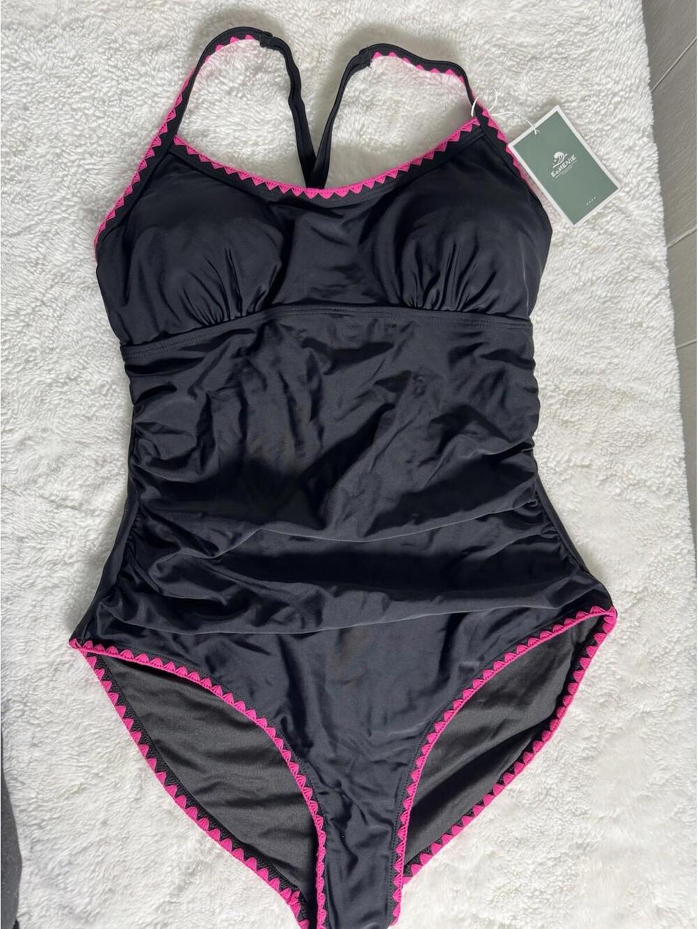 Eomenie Women's 1 Piece Tummy Control Slimming Bathing Suit Black/Pink New MED